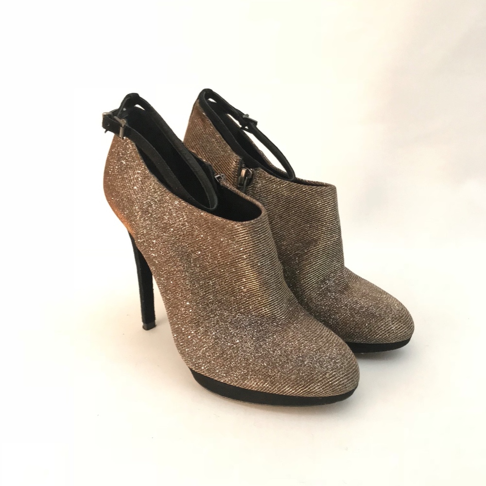 B Brian Atwood Metallic Glitter Ankle Bootie